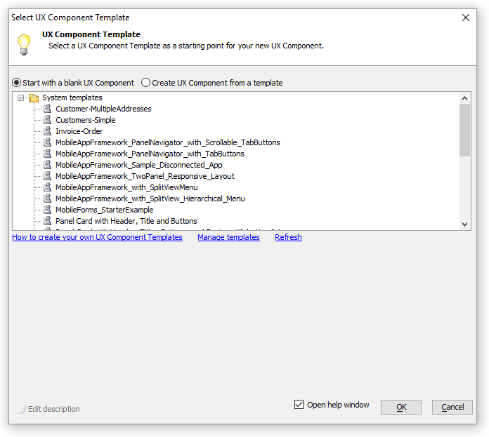 The Select UX Component Dialog